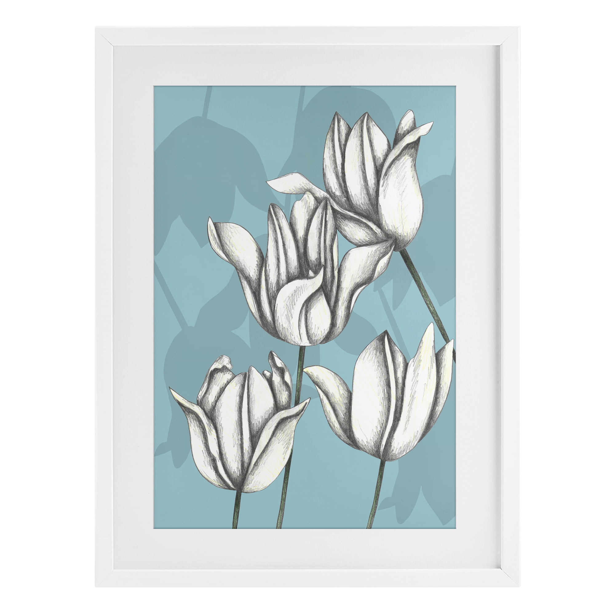 Sketched Tulips Keep Growing White Framed Print Under Glass, design by Cecilia Battaini