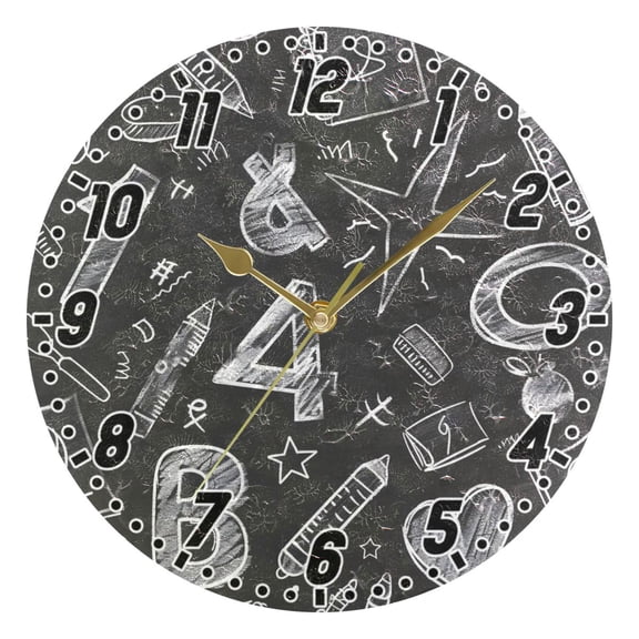 Sketches Numbers and Character Round Wall Clock Battery Operated Silent Non-Ticking Bedroom Office Kitchen Home School Decor 10"(Gold)