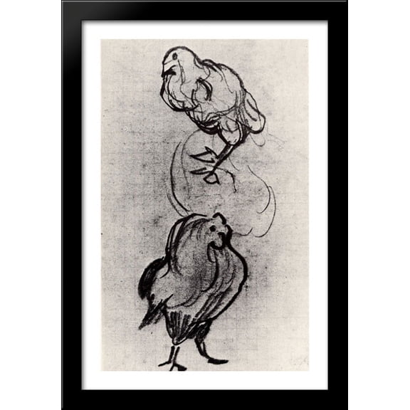 Sketches of a Hen and a Cock 26x40 Large Black Wood Framed Print Art by Vincent van Gogh