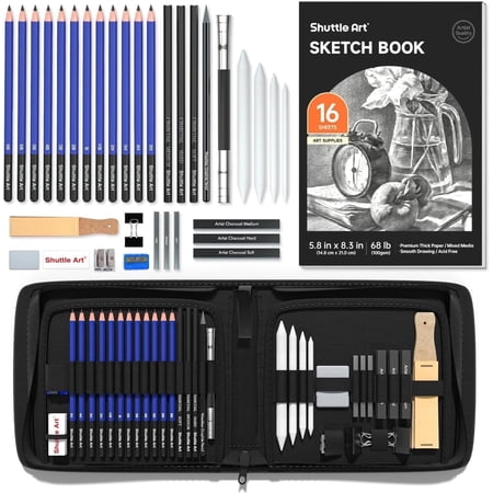 Sketching and Drawing Pencils Set, 37-Piece Professional Sketch Pencils Set in Zipper Carry Case, Drawing Kit Art Supplies with Graphite Charcoal Sticks Tool Sketch book by Shuttle Art