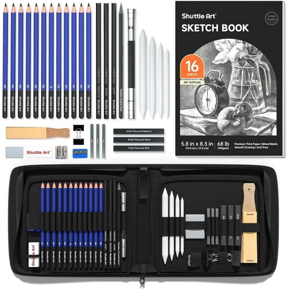 Sketching and Drawing Pencils Set, 37-Piece Professional Sketch Pencils Set in Zipper Carry Case, Drawing Kit Art Supplies with Graphite Charcoal Sticks Tool Sketch book by Shuttle Art