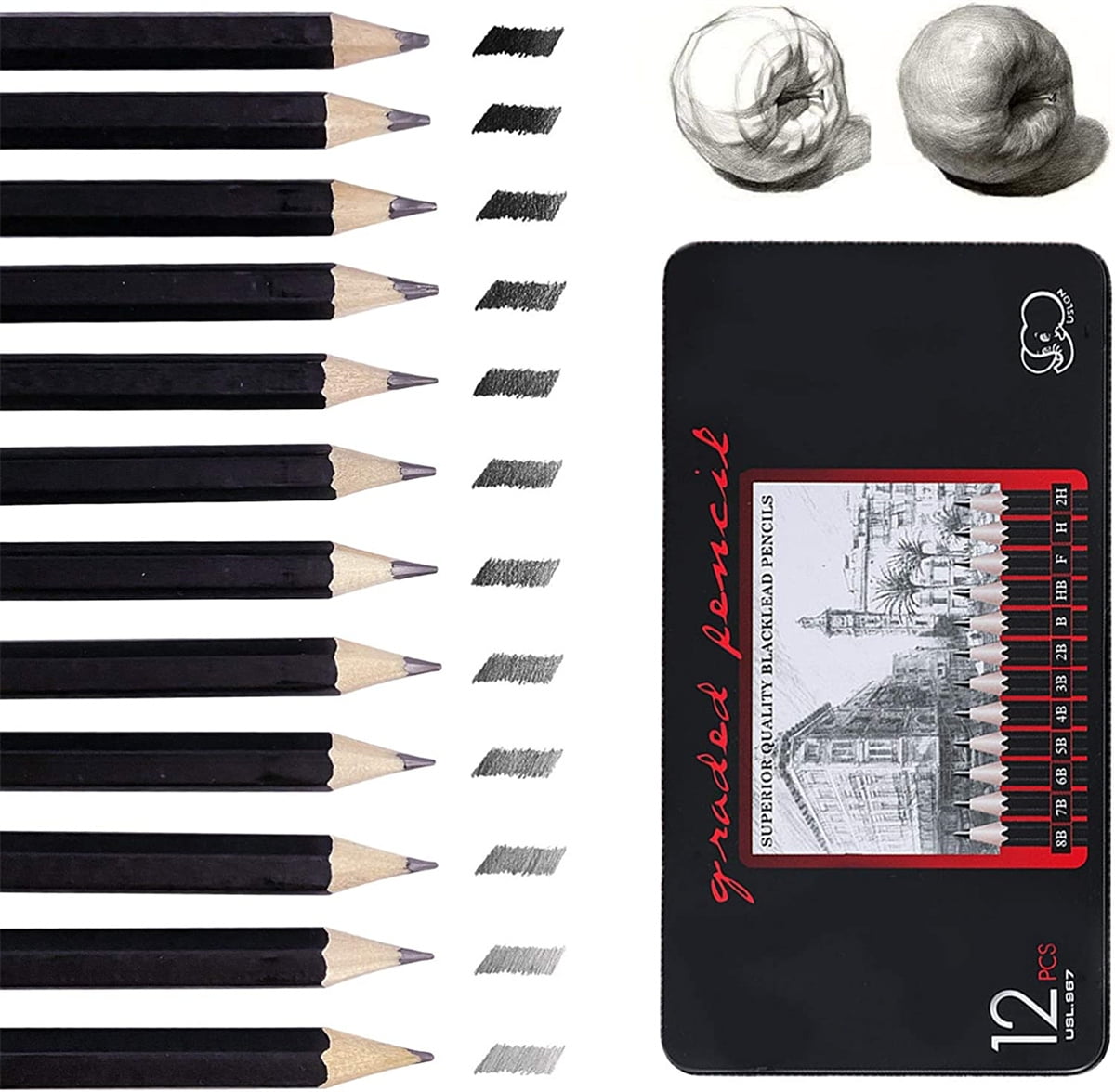 12pcs Professional Sketch Pencils Set, Cartoon Stationery, 2h-8b