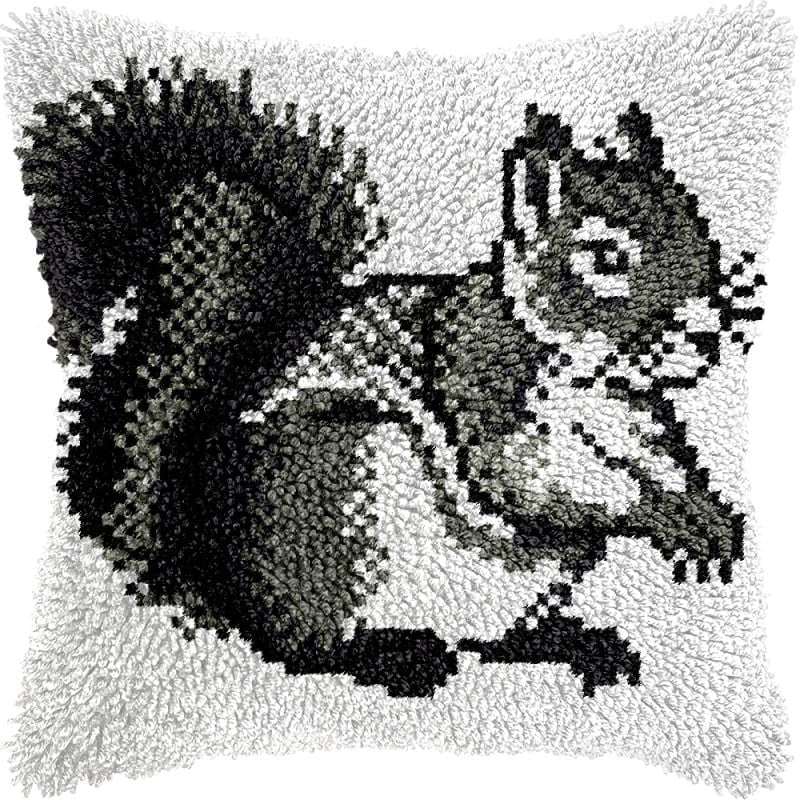 Sketching of Squirrel Latch Hook Pillow Kits Pillow Cover Pattern Printed Canvas Crochet Cross Stich Hooking Pillowcase Cushion Crafts Embroidery Latch Hooking Crochet Kits Set 17x17 inch(67)