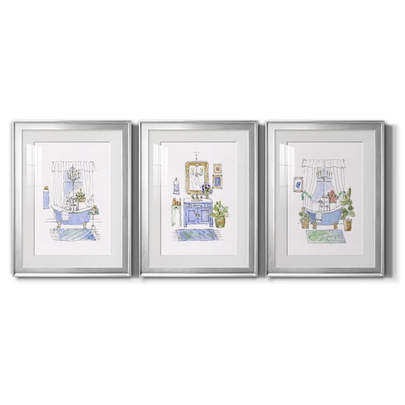 Sketchy Bath I Premium Framed Prints Set of 3 - Ready to Hang - 18 x 24 Each - Silver Frame