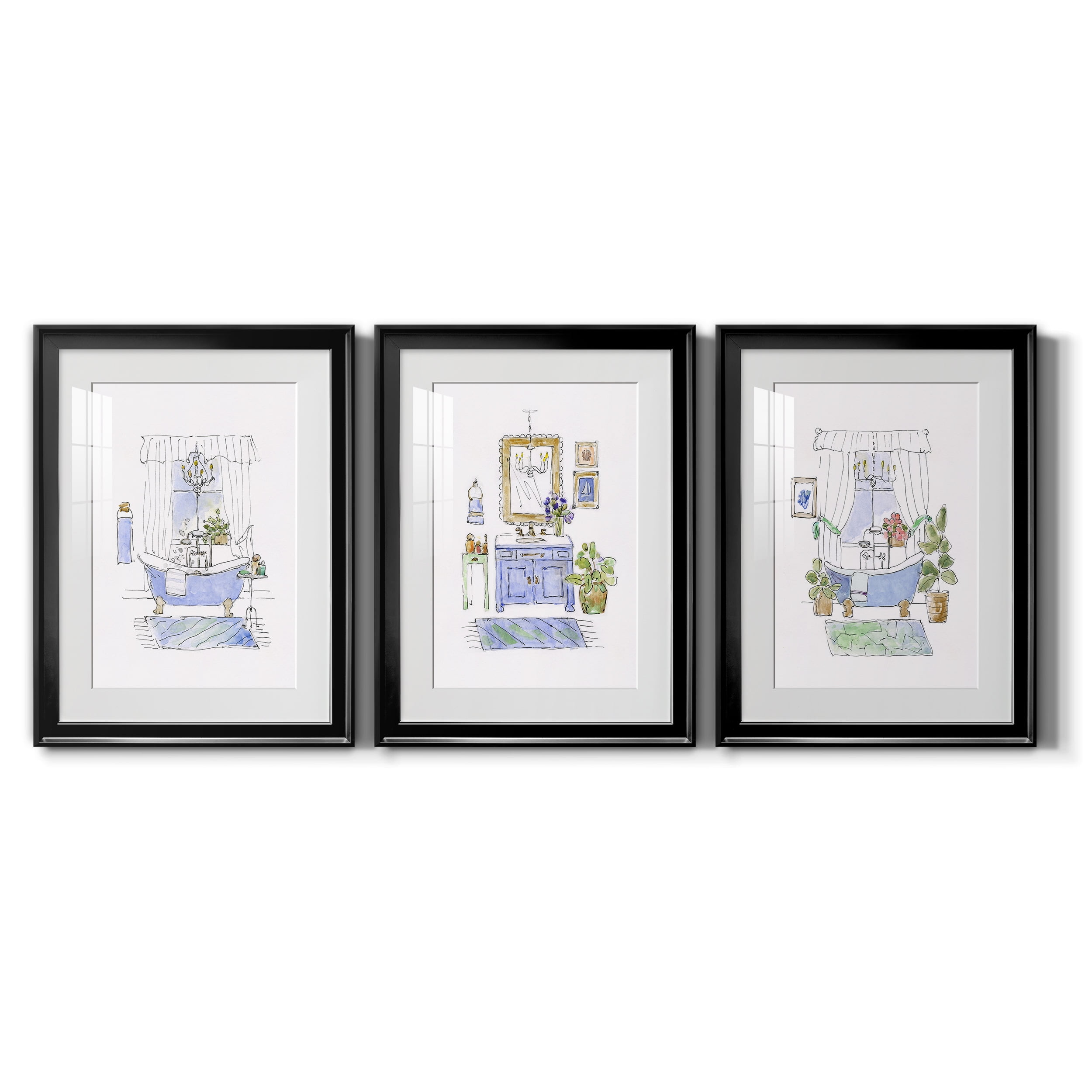 Sketchy Bath I Premium Framed Prints Set of 3 - Ready to Hang - 22 x 30 Each - Black Frame