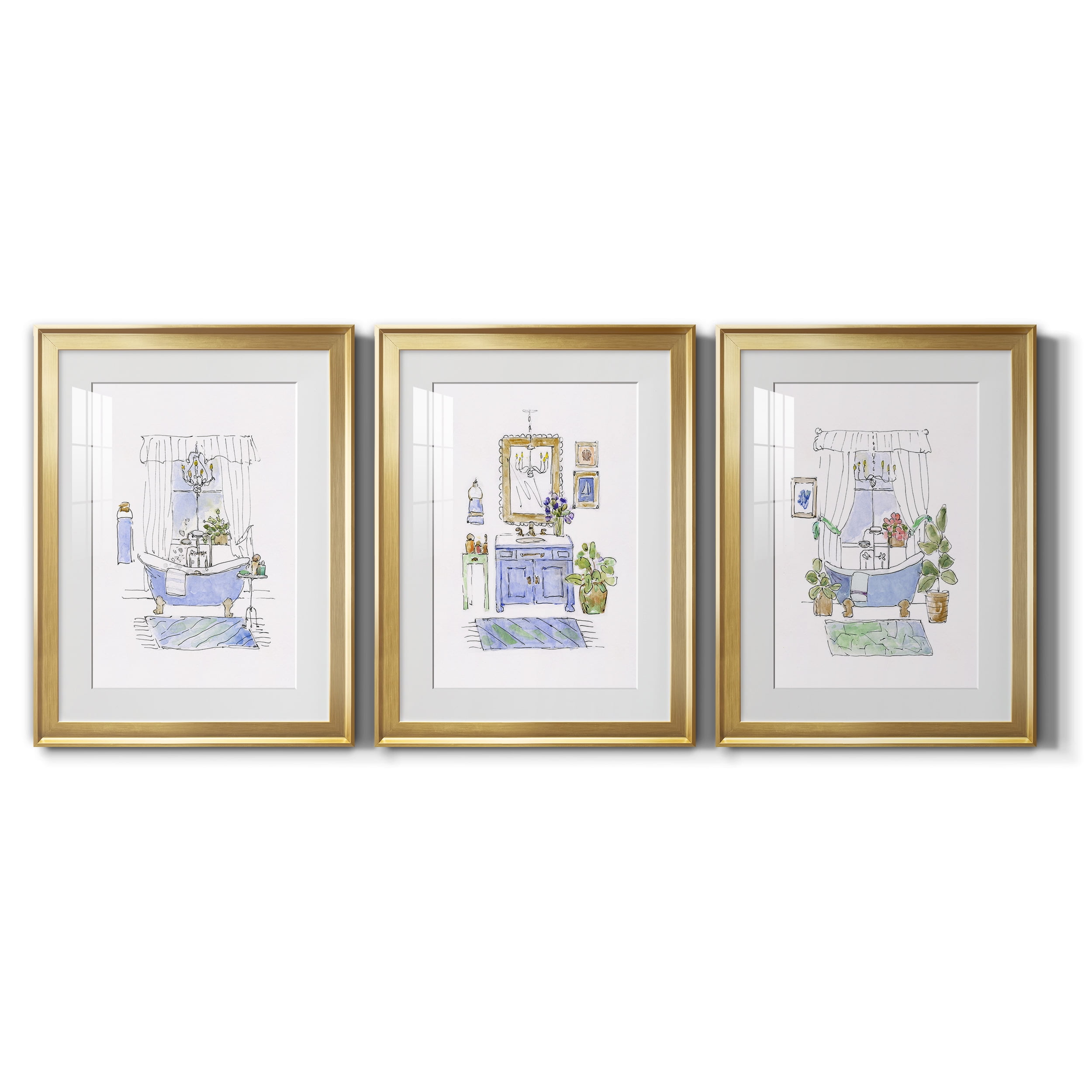 Sketchy Bath I Premium Framed Prints Set of 3 - Ready to Hang - 22 x 30 Each - Gold Frame