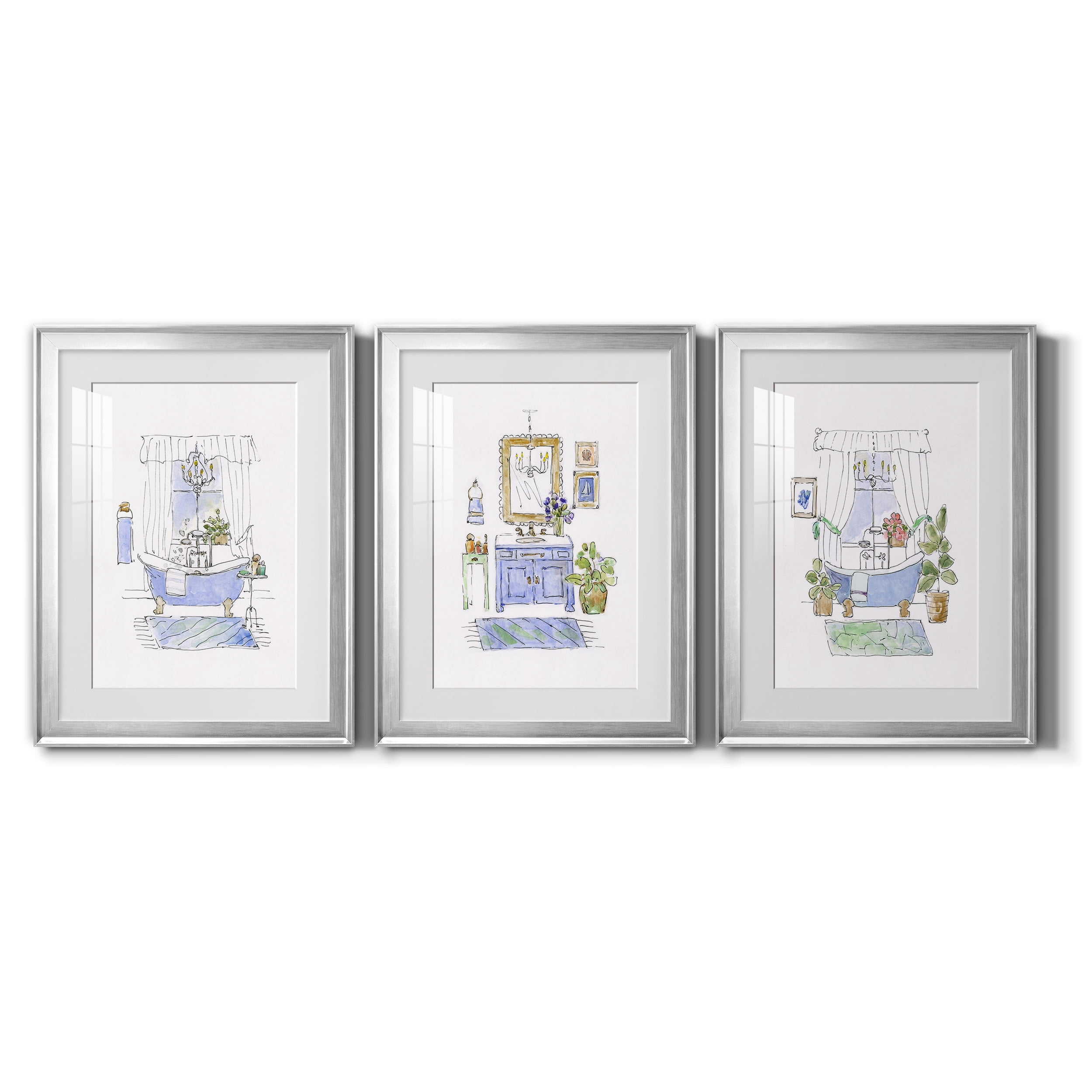 Sketchy Bath I Premium Framed Prints Set of 3 - Ready to Hang - 22 x 30 Each - Silver Frame
