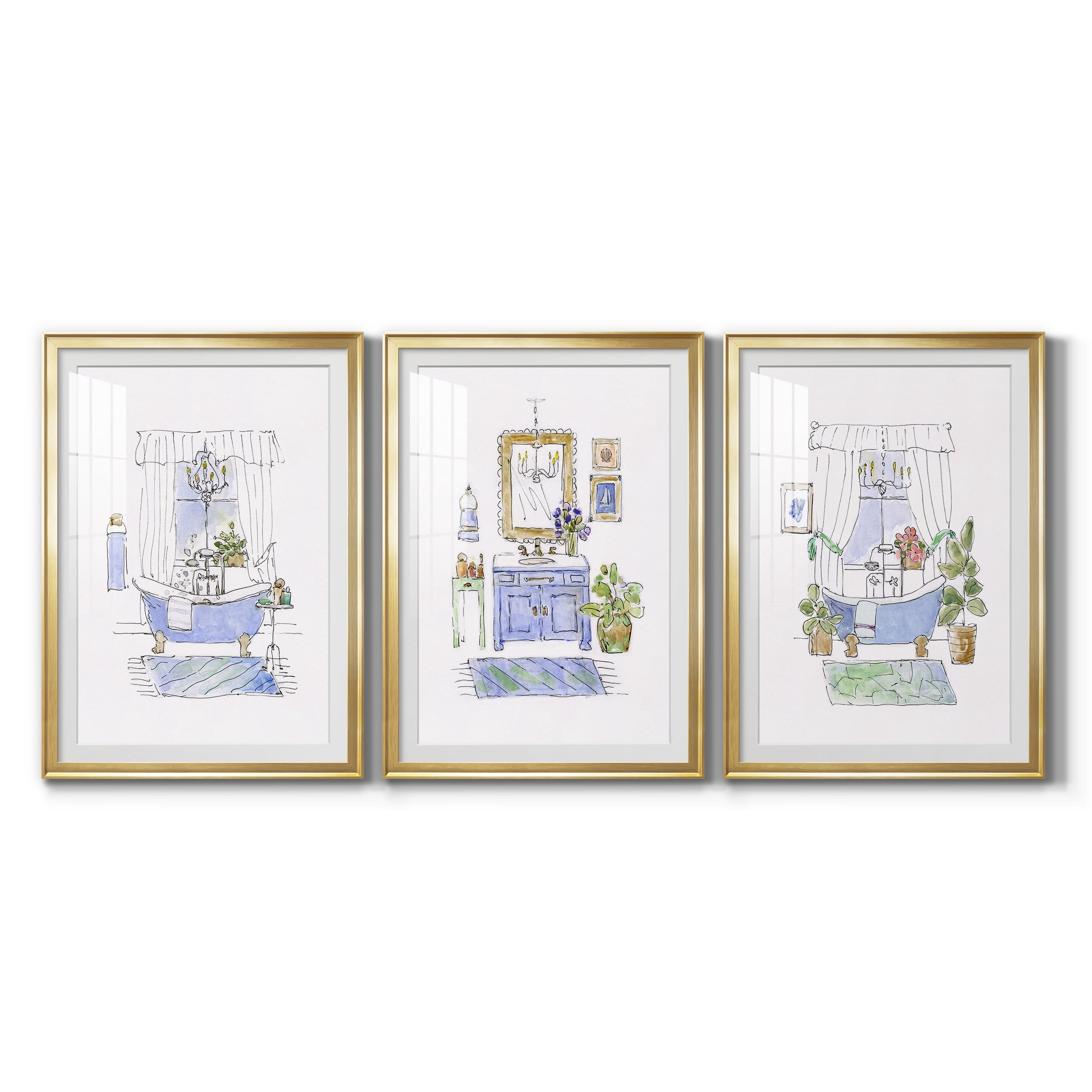 Sketchy Bath I Premium Framed Prints Set of 3 - Ready to Hang - 26.5 x 36.5 Each - Gold Frame