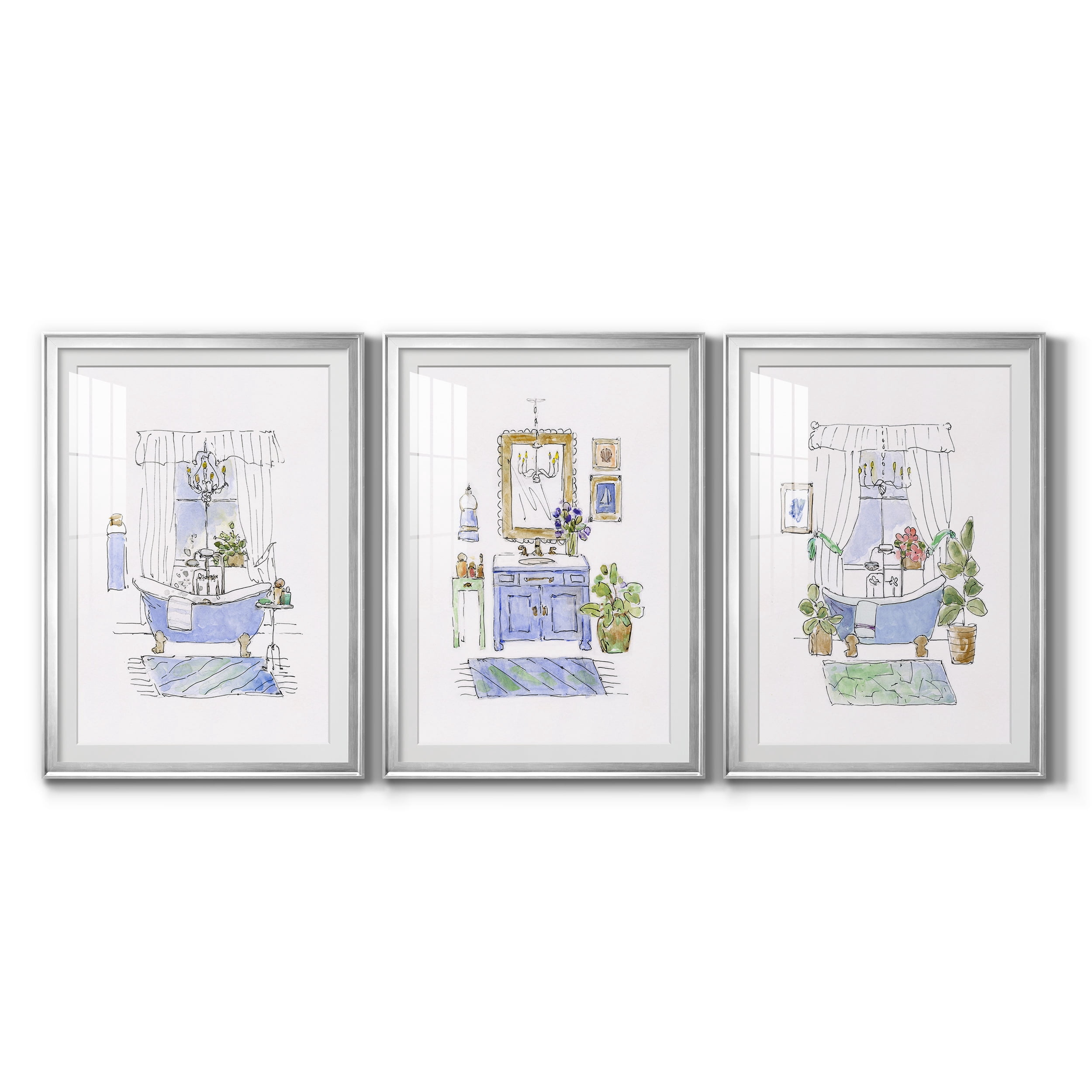 Sketchy Bath I Premium Framed Prints Set of 3 - Ready to Hang - 26.5 x 36.5 Each - Silver Frame