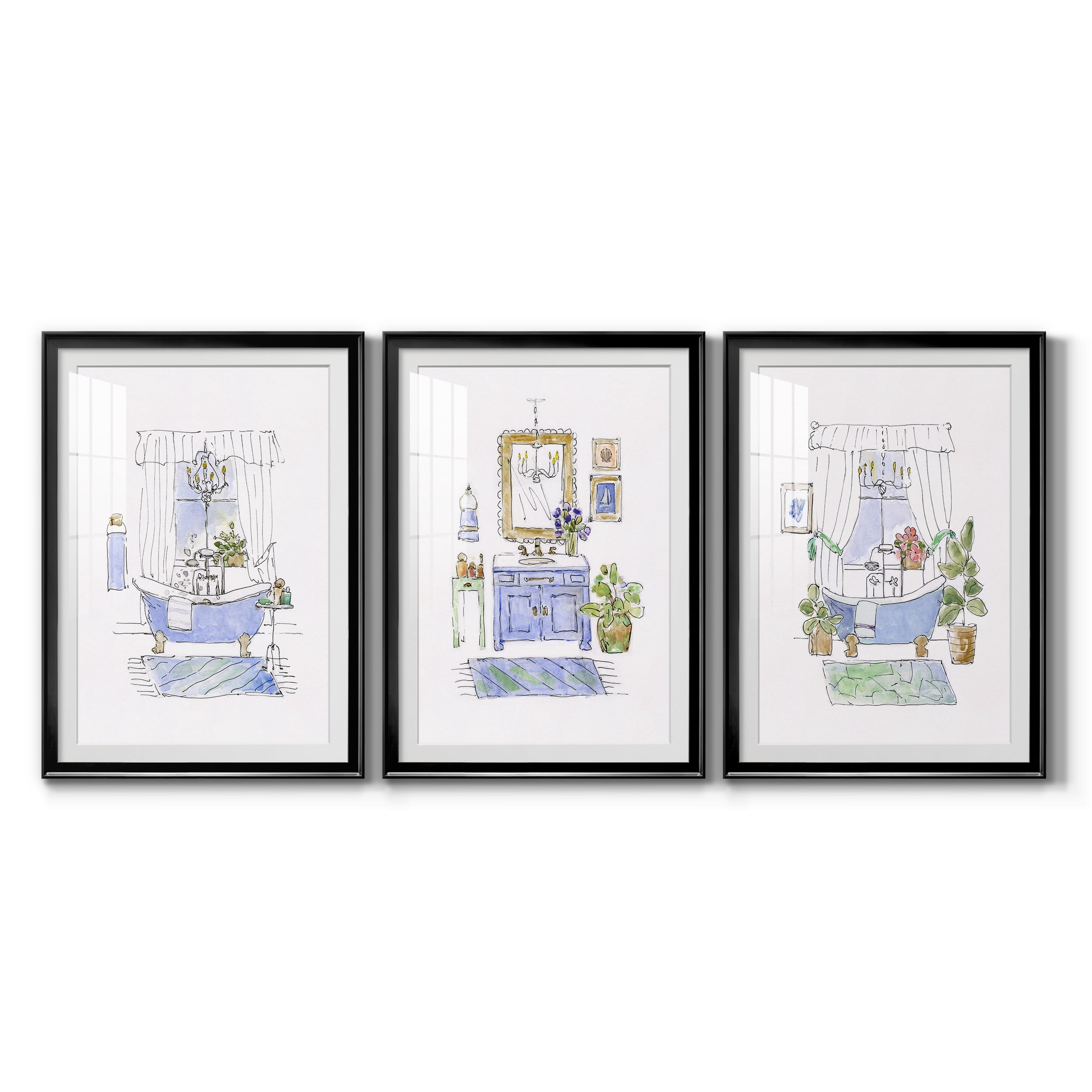 Sketchy Bath I Premium Framed Prints Set of 3 - Ready to Hang - 30.5 x 42.5 Each - Black Frame