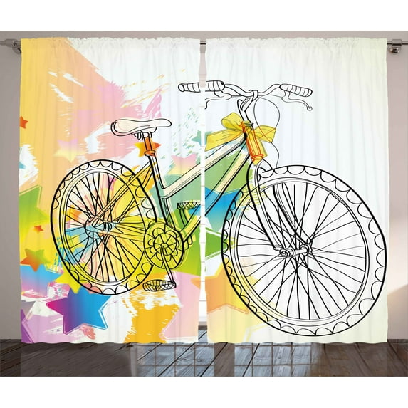 Ambesonne Sketchy Curtains 2 Panel Set, Abtract Colorful Bike, 108" x 96", Multicolor