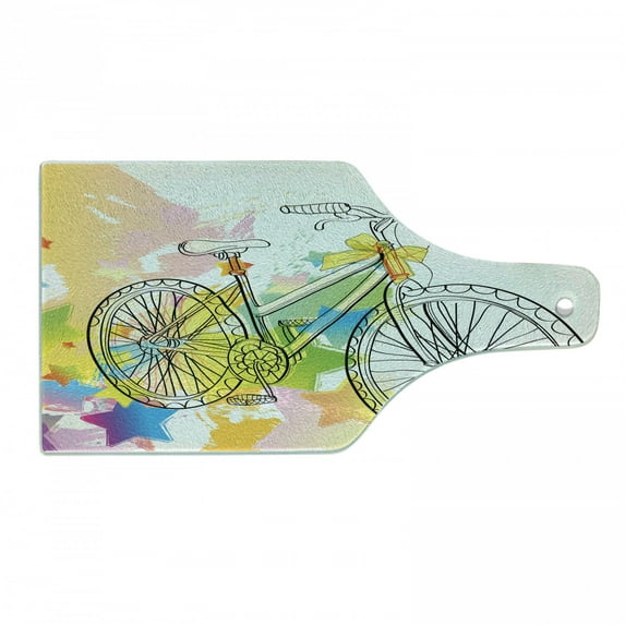 Sketchy Cutting Board, Hands Drawn Image of a Bicycle Abstract Colorful Pattern Bow on Bike Illustration, Tempered Glass Cutting and Serving Board, Wine Bottle Shape, Multicolor, by Ambesonne