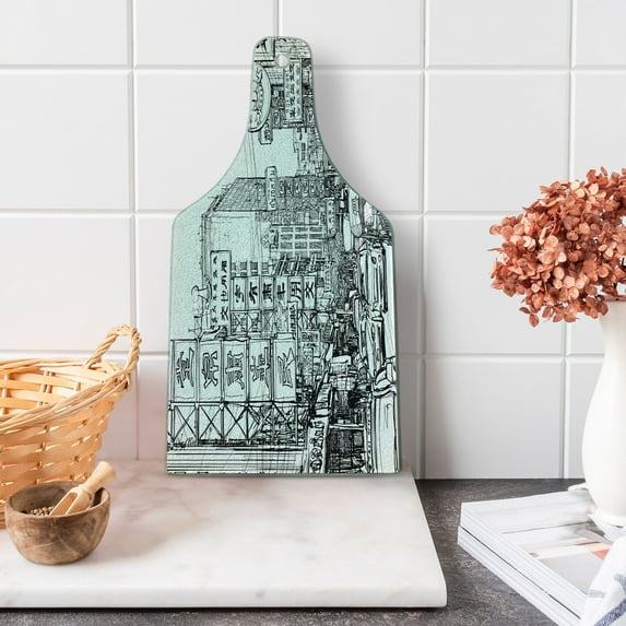 Sketchy Cutting Board, Illustration of Street with Signs in Chinatown Bangkok Historicalrt, Decorative Tempered Glass Cutting and Serving Board, Wine Bottle Shape, Black White, by Ambesonne