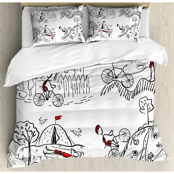 Sketchy Duvet Cover Set, Hand Drawn Doodle Style Cyclist Climbing to Mountain Art Image Print, Decorative 3 Piece Bedding Set with 2 Pillow Shams, Calking Size, Black White and Red, by Ambesonne