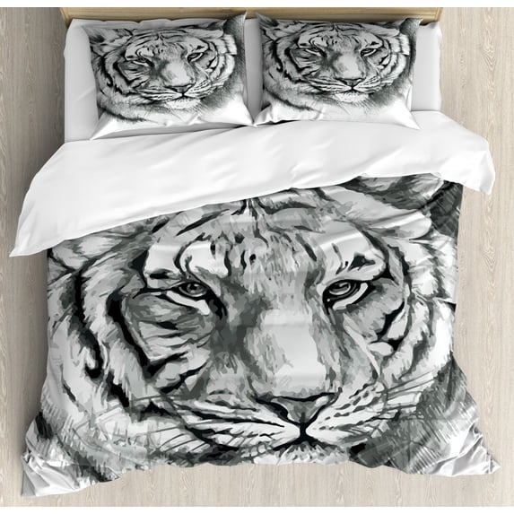 Sketchy Duvet Cover Set, Hand Drawn Style Image of an Siberian Lion Head Art Print, Decorative 3 Piece Bedding Set with 2 Pillow Shams, Queen Size, Pale Grey White, by Ambesonne