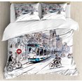 thumbnail image 1 of Sketchy Duvet Cover Set, Hand Drawn Tram and Bicyclists Cityscape of Amsterdam Netherlands Urban Life, Decorative 3 Piece Bedding Set with 2 Pillow Shams, Queen Size, Blue Lilac White, by Ambesonne, 1 of 3