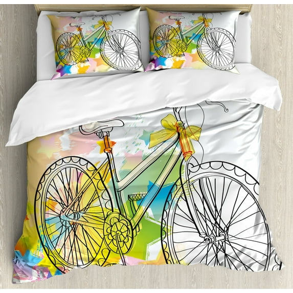 Sketchy Duvet Cover Set King Size, Hands Drawn Image of A Bicycle Abstract Colorful Pattern with Bow on a Bike Image, Decorative 3 Piece Bedding Set with 2 Pillow Shams, Multicolor, by Ambesonne