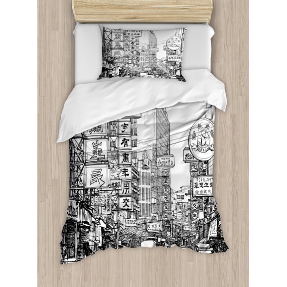 Sketchy Duvet Cover Set Twin Size, Illustration of a Street with Signs in Chinatown Bangkok Ancient Historical Art, Decorative 2 Piece Bedding Set with 1 Pillow Sham, Black White, by Ambesonne