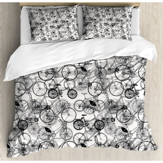 Sketchy Duvet Cover Set, Vintage Retro Bicycle Bike Hand Drawn Vector Abstract Design Image Art, Decorative 3 Piece Bedding Set with 2 Pillow Shams, Queen Size, White and Dark Sepia, by Ambesonne