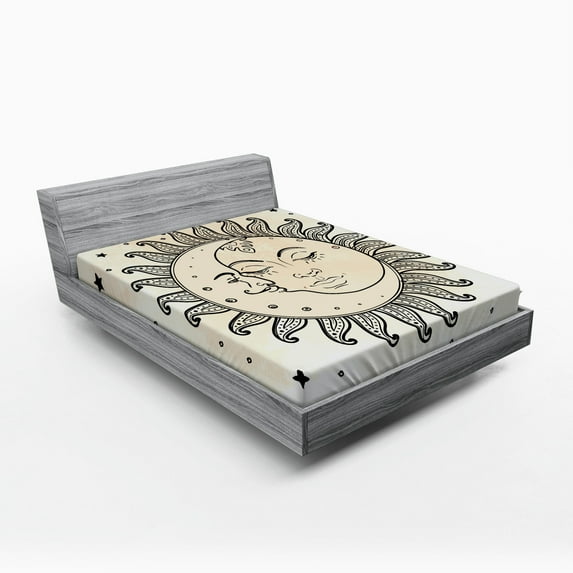 Sketchy Fitted Sheet, Sun and Moon Celestial Composition Day`s Cycle Mystical Inspiration, Soft Decorative Fabric Bedding, Queen Size, Charcoal Grey Tan, by Ambesonne