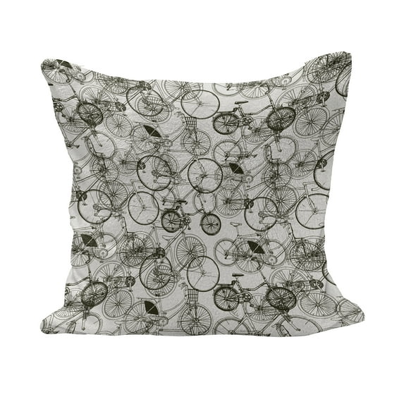Sketchy Fluffy Throw Pillow Cushion Cover, Vintage Retro Bicycle Bike Hand Drawn Vector Abstract Design Image Art, Decorative Square Accent Pillow Case, 18" x 18", Black and White, by Ambesonne