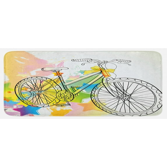 Sketchy Kitchen Mat, Hands Drawn Image of a Bicycle Abstract Colorful Pattern Bow on Bike Illustration, Plush Decorative Kitchen Mat with Non Slip Backing, 47" X 19", Multicolor, by Ambesonne