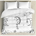 thumbnail image 1 of Sketchy Queen Size Duvet Cover Set, Hand Drawn Image of Sun Moon Stars Emoji Kids Nursery Room Art Print Image, Decorative 3 Piece Bedding Set with 2 Pillow Shams, Black and White, by Ambesonne, 1 of 3