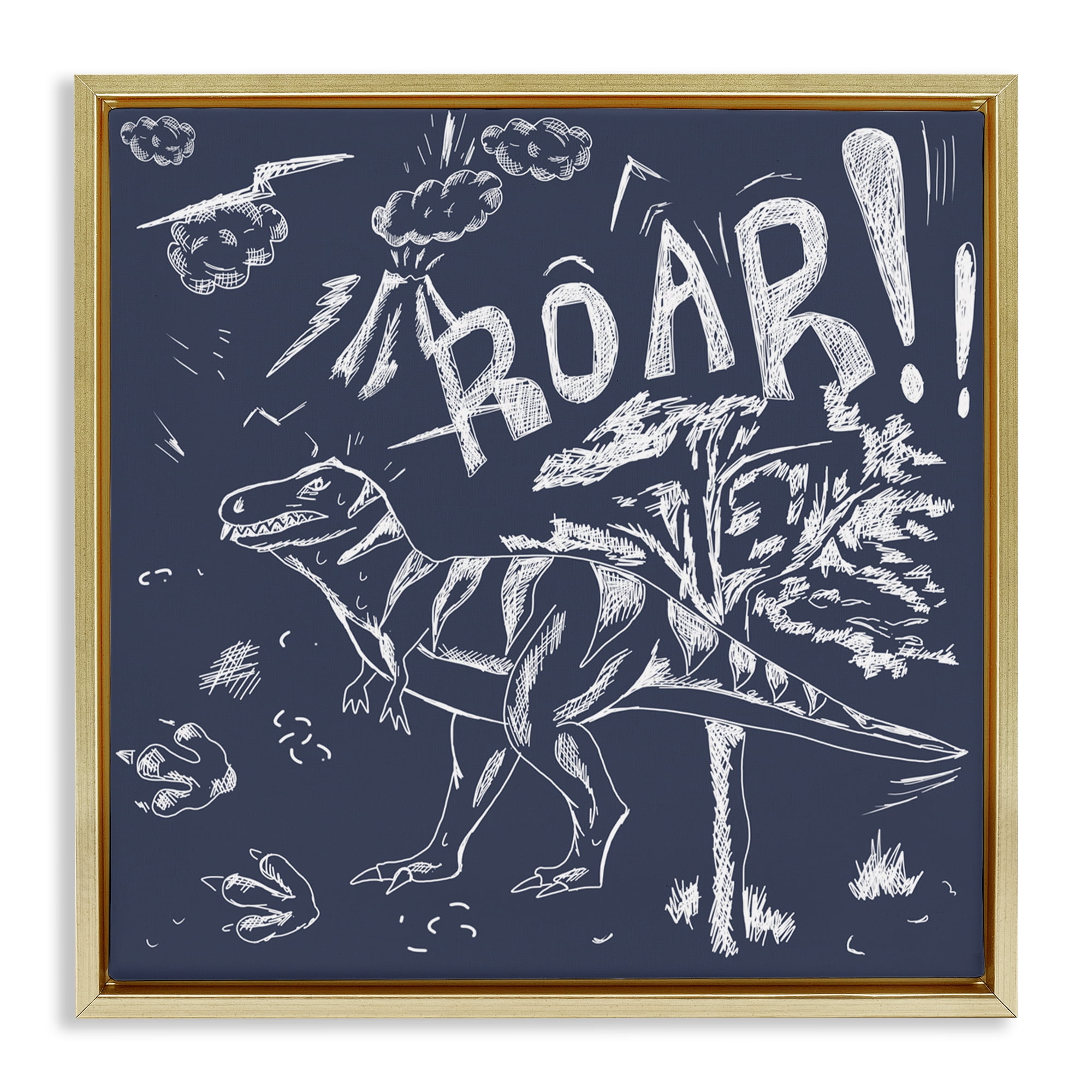 Sketchy Roar Dinosaur Gold Framed Floater Canvas Wall Art, design by HUE and MI and Sangita