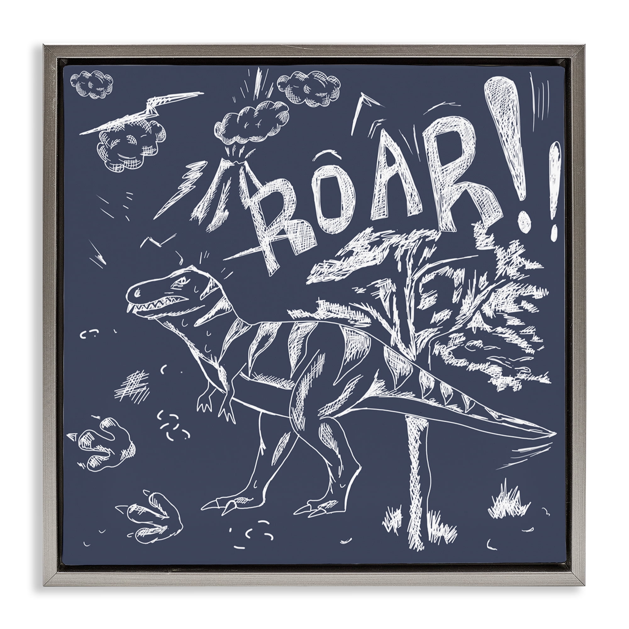 Sketchy Roar Dinosaur Gray Framed Floater Canvas Wall Art, design by HUE and MI and Sangita