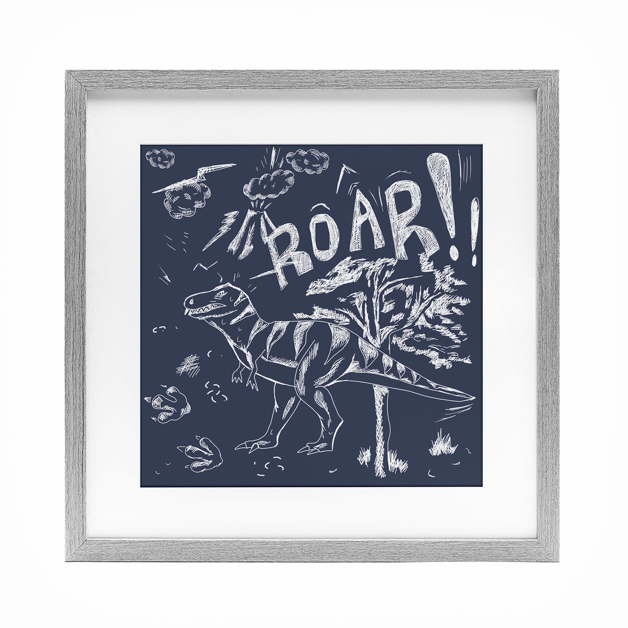 Sketchy Roar Dinosaur Gray Framed Print Under Glass, design by HUE and MI and Sangita