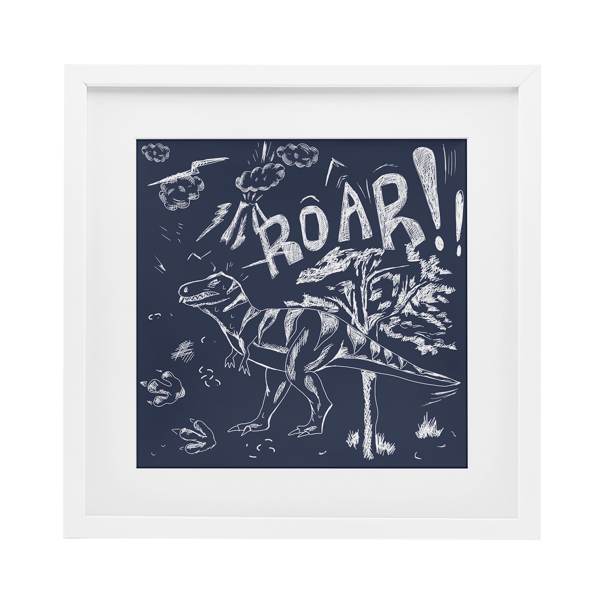 Sketchy Roar Dinosaur White Framed Print Under Glass, design by HUE and MI and Sangita