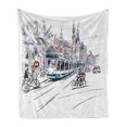 thumbnail image 1 of Sketchy Soft Flannel Fleece Blanket, Hand Drawn Tram and Bicyclists Cityscape of Amsterdam Netherlands Urban Life, Cozy Plush for Indoor and Outdoor Use, 70" x 90", Blue Lilac White, by Ambesonne, 1 of 6