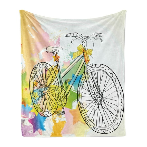Sketchy Soft Flannel Fleece Blanket, Hands Drawn Image of a Bicycle Abstract Colorful Pattern Bow on Bike Illustration, Cozy Plush for Indoor and Outdoor Use, 50" x 60", Multicolor, by Ambesonne