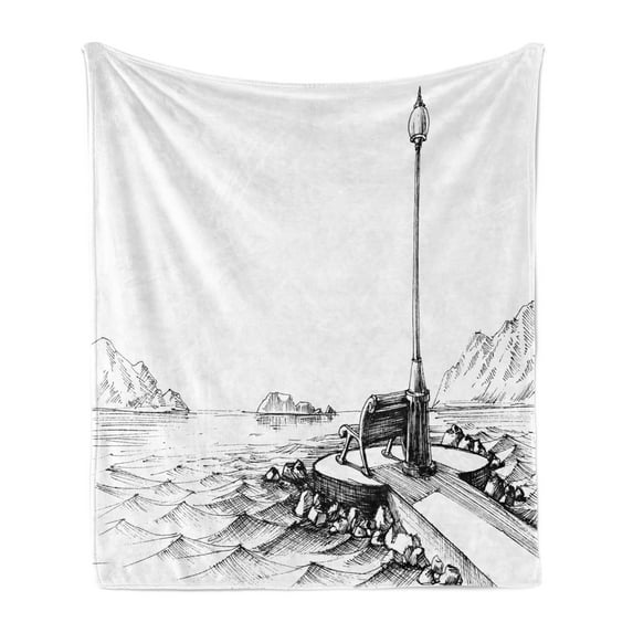 Sketchy Soft Flannel Fleece Throw Blanket, Bench and Lantern in the Middle of Ocean Waves Mountains Rocks Monochrome, Cozy Plush for Indoor and Outdoor Use, 50" x 60", Black White, by Ambesonne