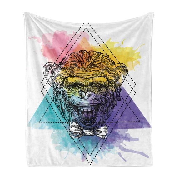 Sketchy Soft Flannel Fleece Throw Blanket, Funny Monkey Animal with a Bowtie on Geometric Watercolor Style Backdrop, Cozy Plush for Indoor and Outdoor Use, 50" x 70", Multicolor, by Ambesonne