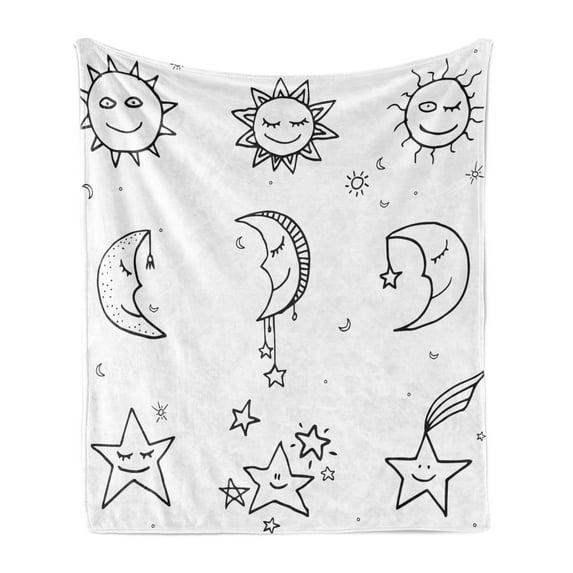 Sketchy Soft Flannel Fleece Throw Blanket, Hand Drawn Image of Sun Moon Stars Kids Nursery Room Art Print Image, Cozy Plush for Indoor and Outdoor Use, 50" x 70", Black and White, by Ambesonne