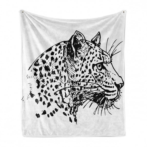 Sketchy Soft Flannel Fleece Throw Blanket, Hand Drawn Jaguar Profile Wildlife Jungle Animal Safari Theme Artwork, Cozy Plush for Indoor and Outdoor Use, 70" x 90", Black White, by Ambesonne