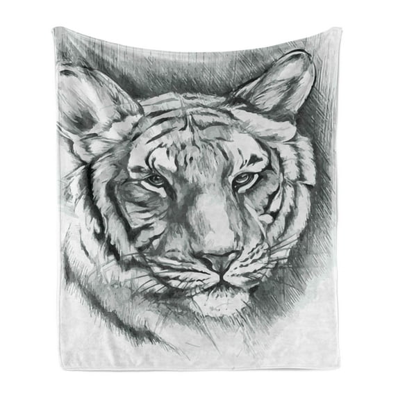 Sketchy Soft Flannel Fleece Throw Blanket, Hand Drawn Style Image of an Siberian Lion Head Art Print, Cozy Plush for Indoor and Outdoor Use, 50" x 60", Pale Grey White, by Ambesonne