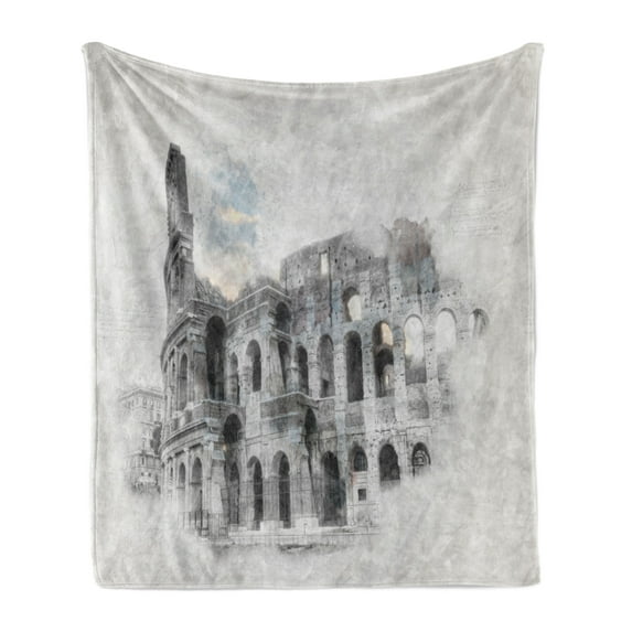 Sketchy Soft Flannel Fleece Throw Blanket, Historical Ruins Colosseum Artwork Italy Rome Antique Cultural Inspiration, Cozy Plush for Indoor and Outdoor Use, 70" x 90", Beige Black, by Ambesonne