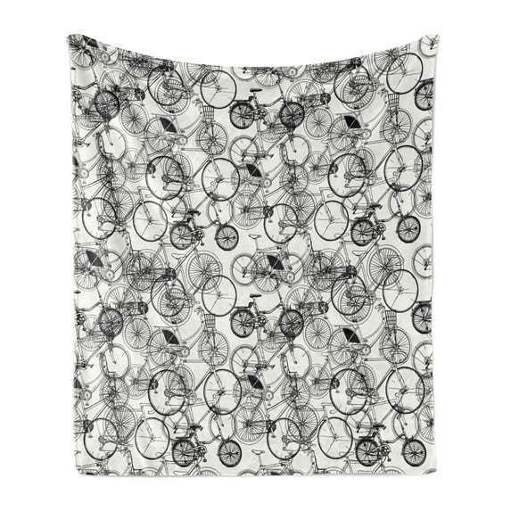 Sketchy Soft Flannel Fleece Throw Blanket, Vintage Retro Bicycle Bike Hand Drawn Vector Abstract Design Image Artwork, Cozy Plush for Indoor and Outdoor Use, 70" x 90", Black and White, by Ambesonne