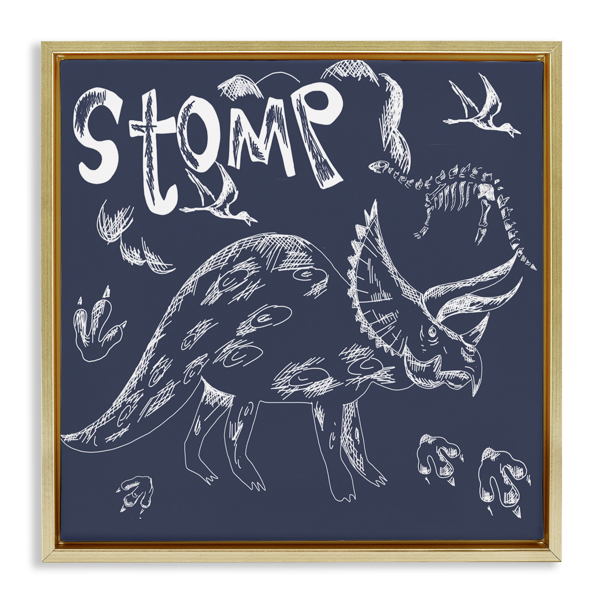 Sketchy Stomp Dinosaur Gold Framed Floater Canvas Wall Art, design by HUE and MI and Sangita