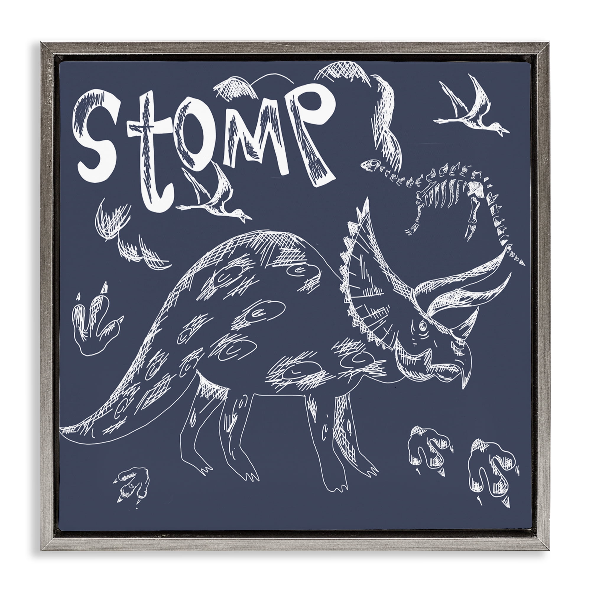 Sketchy Stomp Dinosaur Gray Framed Floater Canvas Wall Art, design by HUE and MI and Sangita