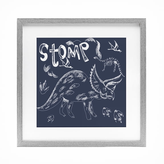 Sketchy Stomp Dinosaur Gray Framed Print Under Glass, design by HUE and MI and Sangita