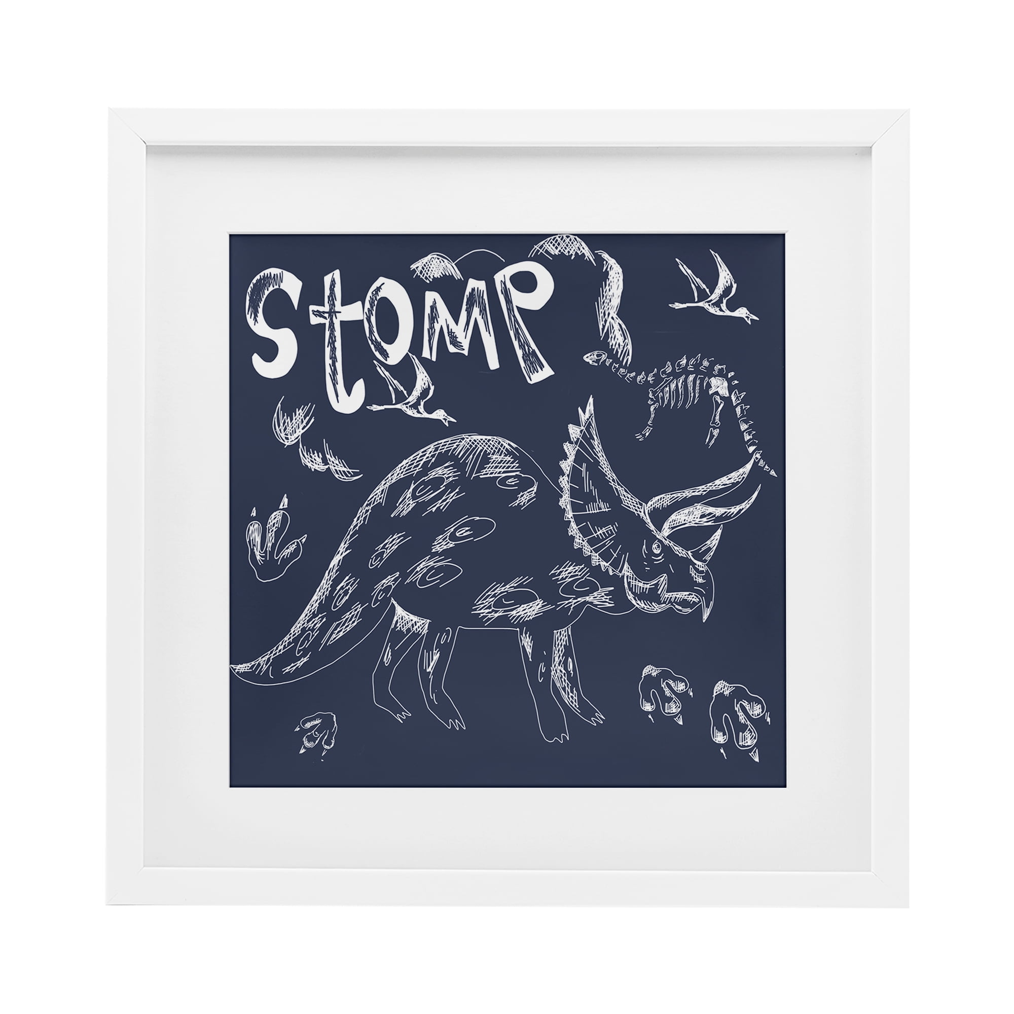 Sketchy Stomp Dinosaur White Framed Print Under Glass, design by HUE and MI and Sangita