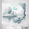 thumbnail image 1 of Sketchy Tapestry, Boat on Calm River Trees Birds Twigs Sketch Drawing Clipart Water Minimalist, Fabric Wall Hanging Decor for Bedroom Living Room Dorm, 5 Sizes, White Grey Blue, by Ambesonne, 1 of 1