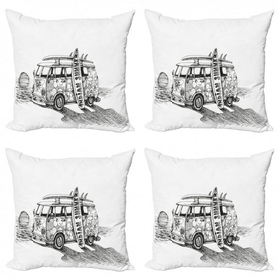 Sketchy Throw Pillow Cushion Case Pack of 4, Hot Summer Californian Surfing Vintage Car Sea Shore Beach Art, Modern Accent Double-Sided Print, 4 Sizes, Charcoal Grey White, by Ambesonne
