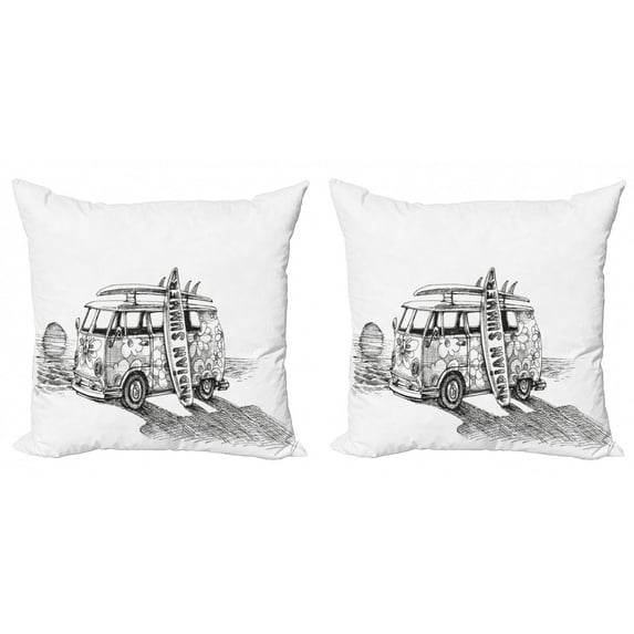 Sketchy Throw Pillow Cushion Cover Pack of 2, Hot Summer Californian Surfing Vintage Car Sea Shore Beach Art, Zippered Double-Side Digital Print, 4 Sizes, Charcoal Grey White, by Ambesonne