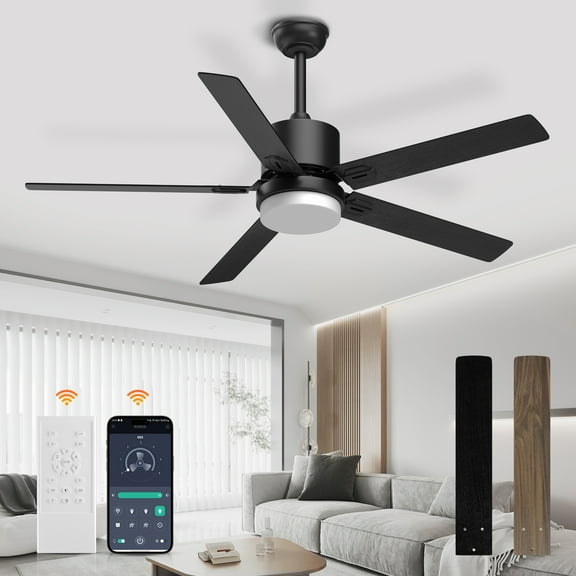Skeven Ceiling Fan with Light, 52" Low Profile Black with Light and Remote/APP Reversible Dimmable Flush Mount Modern Ceiling Fan for Bedroom