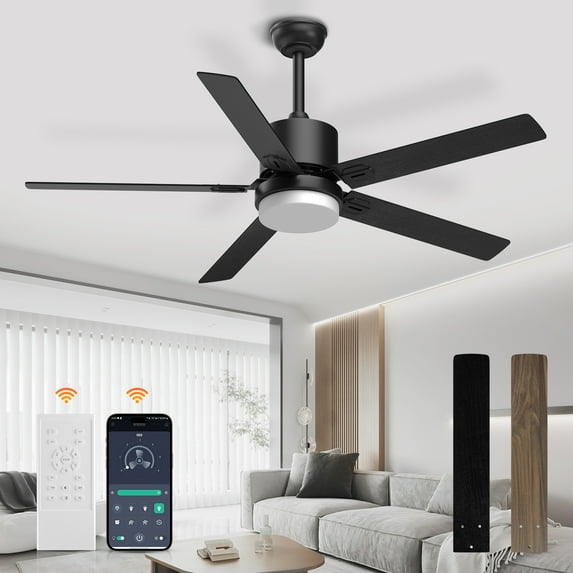 Skeven Ceiling Fan with Light, 52" Low Profile Black with Light and Remote/APP Reversible Dimmable Flush Mount Modern Ceiling Fan for Bedroom