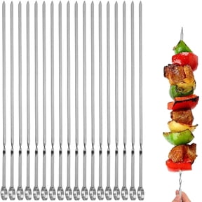 Skewers Flat Metal BBQ Barbecue Skewers 16" Long Hook Style Stainless Steel Shish Kebob Sticks Wide Sharp Reusable Grilling Skewers Set for Meat Shrimp Chicken Vegetable